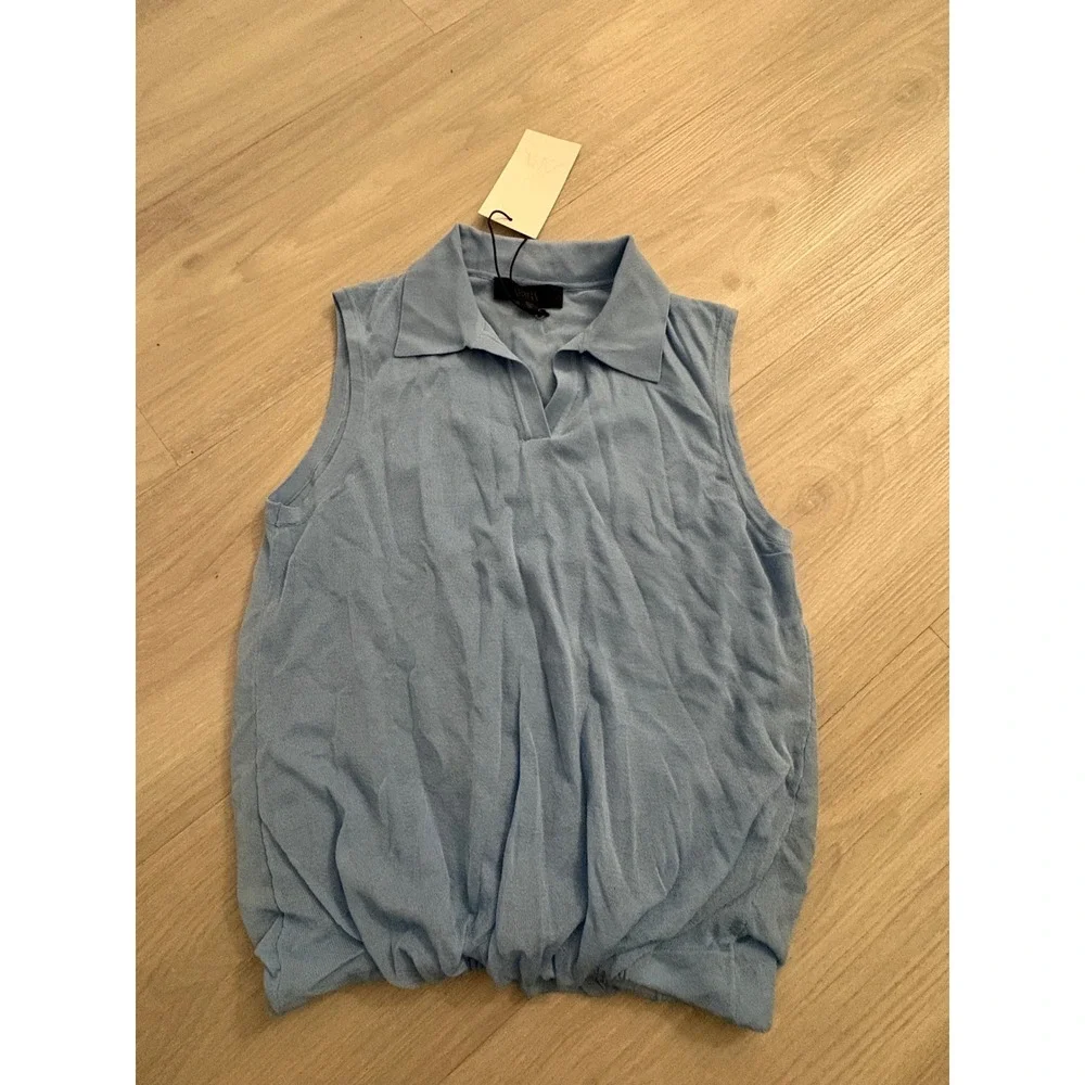Zara Women Polo Top Sleeveless Knit Top Light Blue V-Neck Elastic Hem Size S NWT